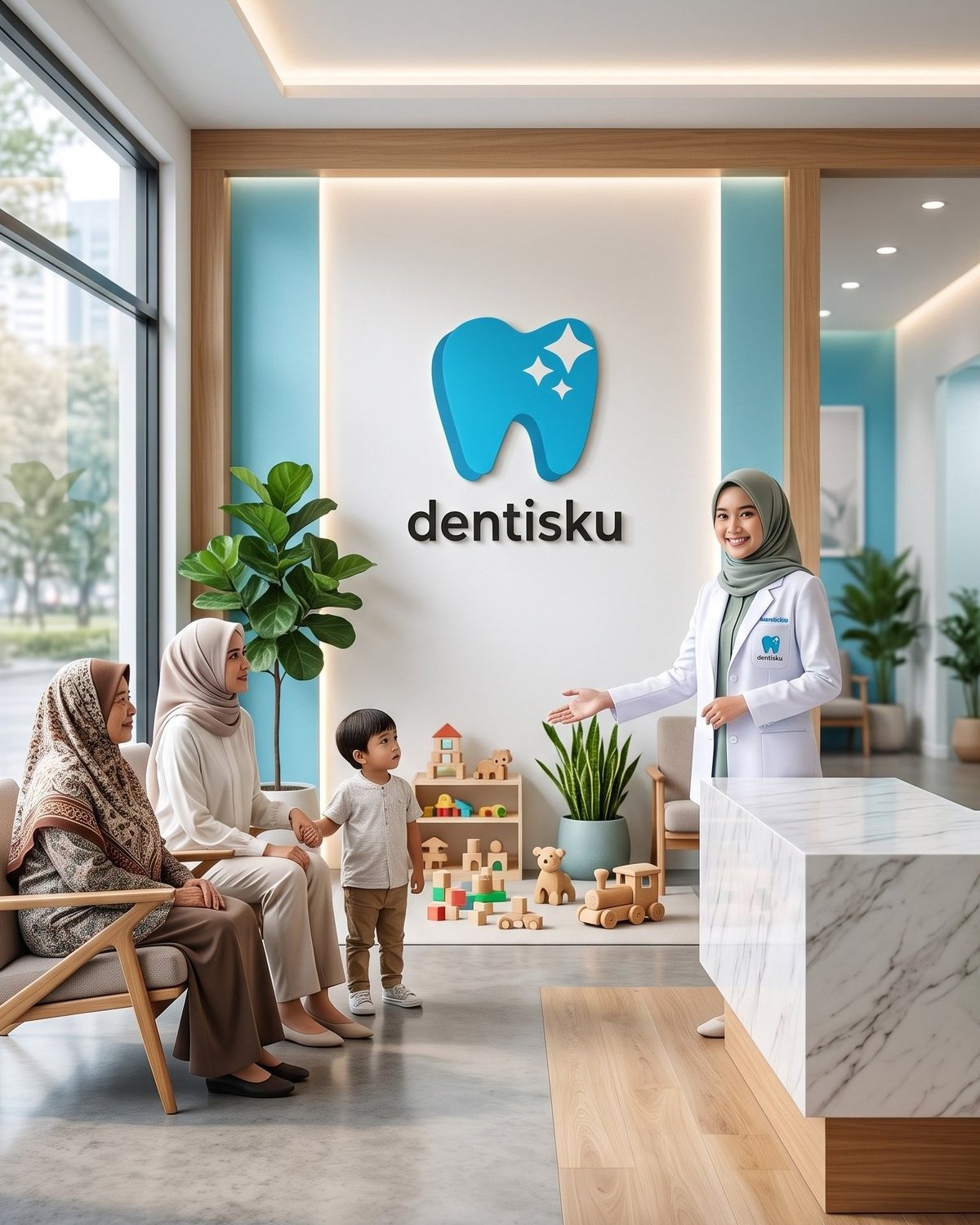 Dokter gigi berhijab DENTISKU Subang melayani keluarga Indonesia (nenek, ibu, dan anak) di kursi tunggu klinik gigi modern