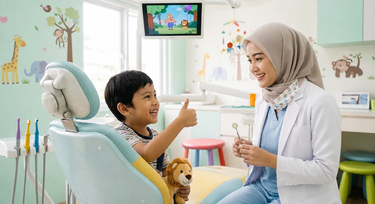 Dokter gigi DENTISKU Subang yang ramah melayani pasien anak dengan senyum hangat di kursi perawatan biru pastel