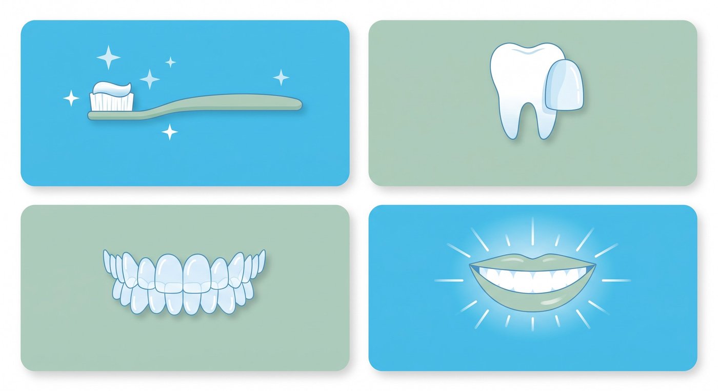 Empat layanan utama DENTISKU Subang: sikat gigi untuk perawatan preventif, veneer untuk kosmetik, aligner bening untuk ortodonti, dan senyum cerah untuk pemutihan gigi